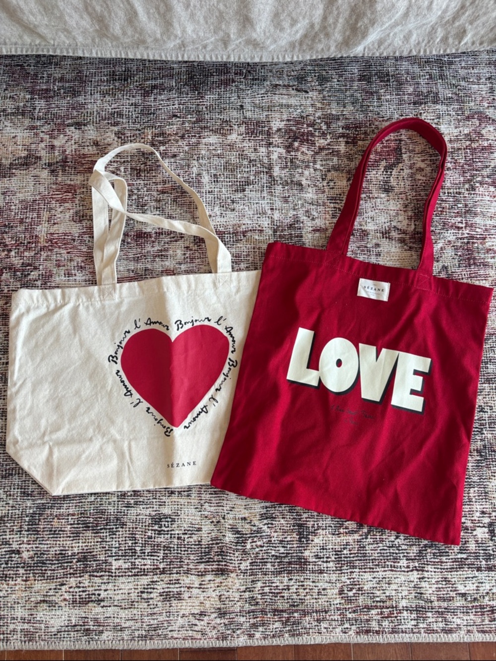 Two Sezane Red Heart  Love Tote Bags